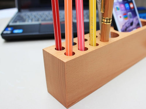 Wood iPhone Holder & Pen Container – Beech Wood Desk Organizer