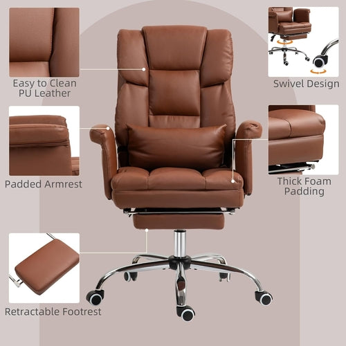 Brown Leather High-Back Reclining Executive Chair with Footrest