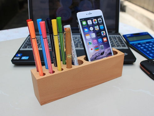 Wood iPhone Holder & Pen Container – Beech Wood Desk Organizer