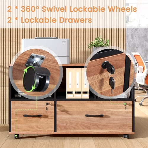 Wooden 2-Drawer Lockable Rolling File Cabinet with Adjustable Shelves
