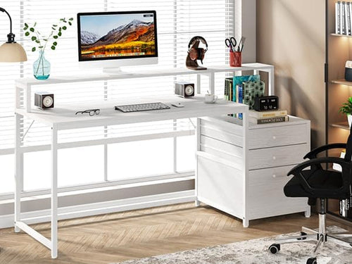 White Computer Desk With File Cabinet And Monitor Stand