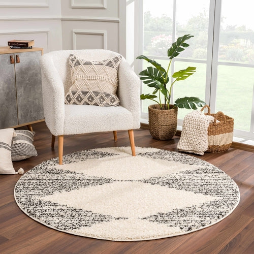 Beige and Charcoal Moroccan Shag Area Rug with Fringe