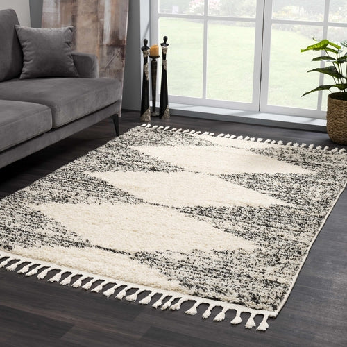Beige and Charcoal Moroccan Shag Area Rug with Fringe