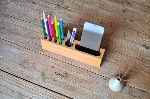 Wood iPhone Holder & Pen Container – Beech Wood Desk Organizer