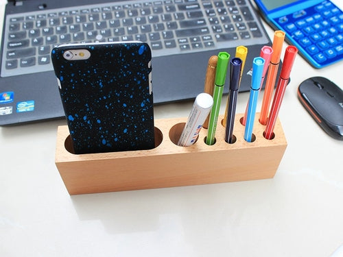 Wood iPhone Holder & Pen Container – Beech Wood Desk Organizer
