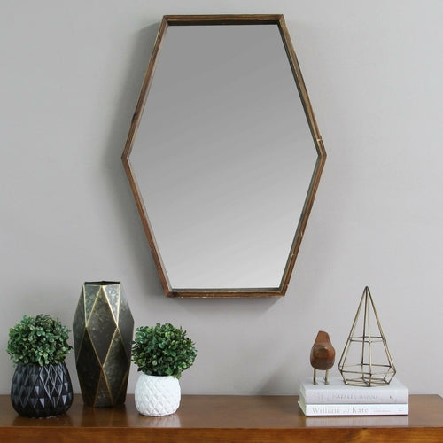 Hexagonal Wall Mirror with Three-Dimensional Dark Wood Frame