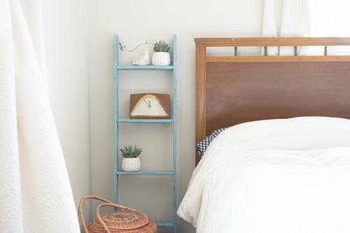 Rustic Turquoise Reclaimed Wood 5-Step Ladder Shelf – Handcrafted Farmhouse Display