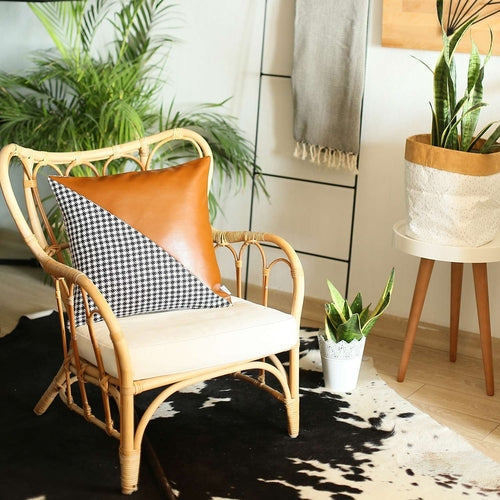 Houndstooth and Faux Leather Split Design Throw Pillow