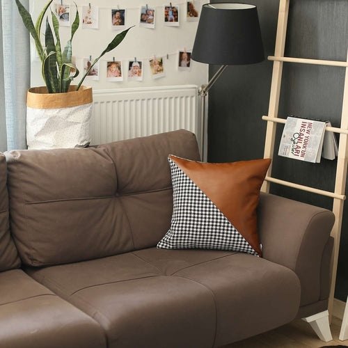 Houndstooth and Faux Leather Split Design Throw Pillow