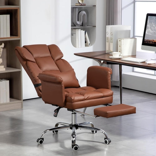 Brown Leather High-Back Reclining Executive Chair with Footrest
