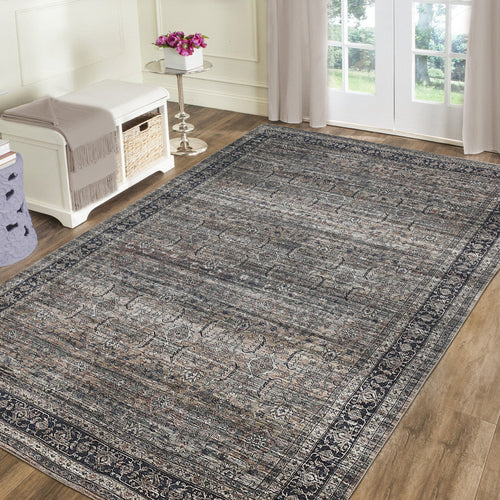 Brown and Blue Oriental Distressed Area Rug