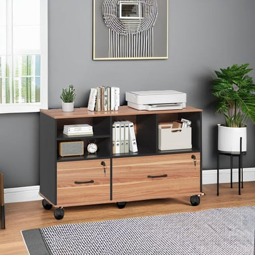Wooden 2-Drawer Lockable Rolling File Cabinet with Adjustable Shelves