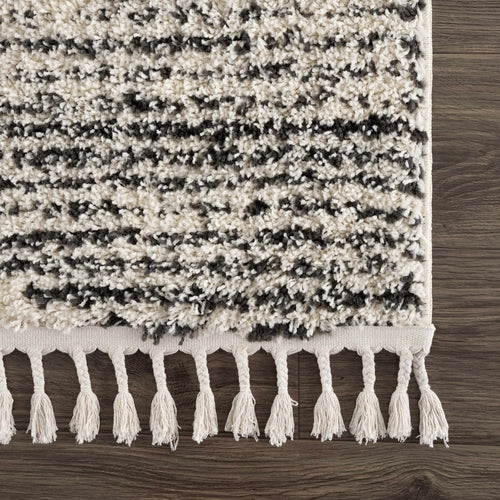 Beige and Charcoal Moroccan Shag Area Rug with Fringe