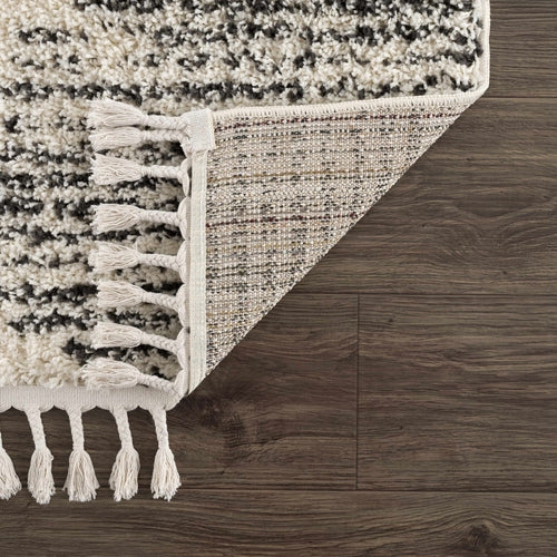 Beige and Charcoal Moroccan Shag Area Rug with Fringe