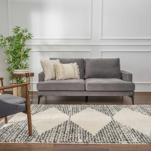 Beige and Charcoal Moroccan Shag Area Rug with Fringe