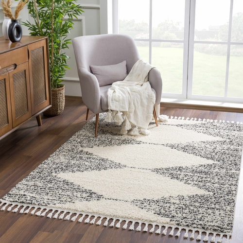 Beige and Charcoal Moroccan Shag Area Rug with Fringe