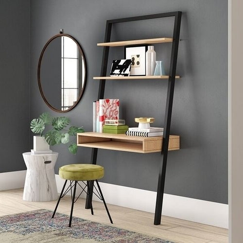 Farmhouse Rustic Oak & Black Leaning Ladder Writing Desk – Compact Design with 2 Shelves