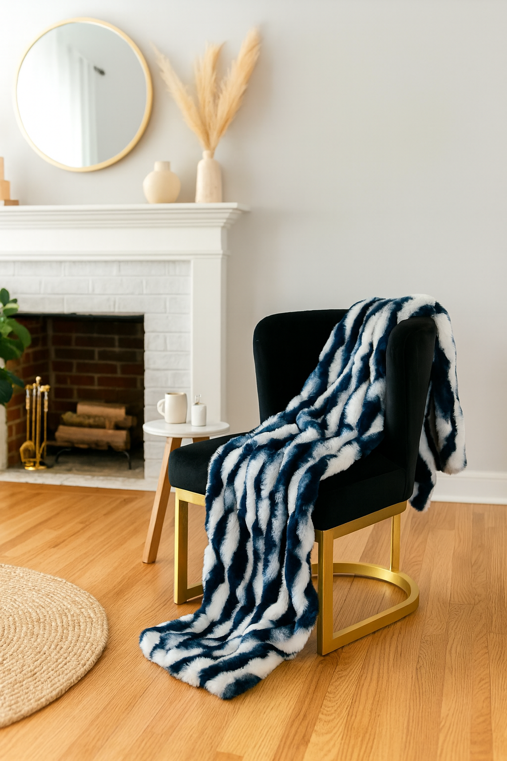 White and Navy Chinchilla Faux Fur Luxury Throw Blanket