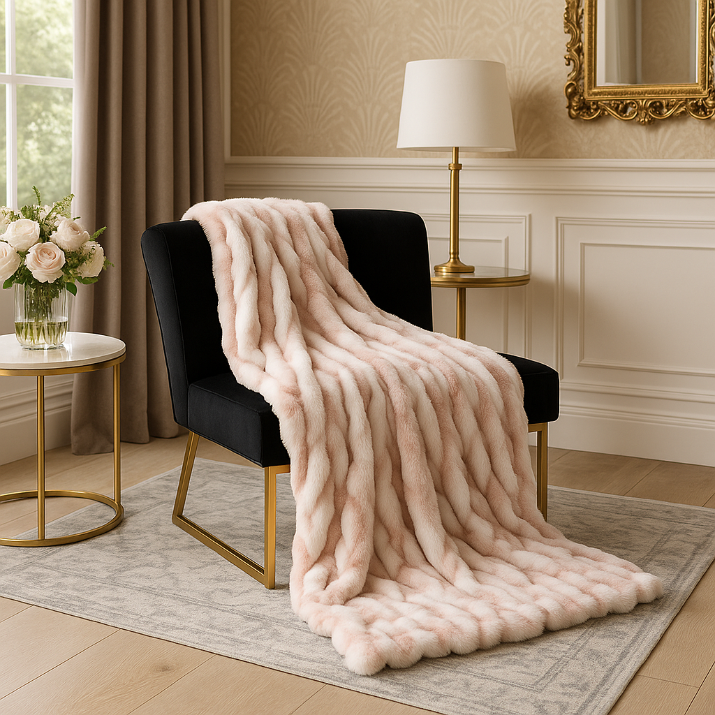 White and Pink Chinchilla Faux Fur Luxury Throw Blanket