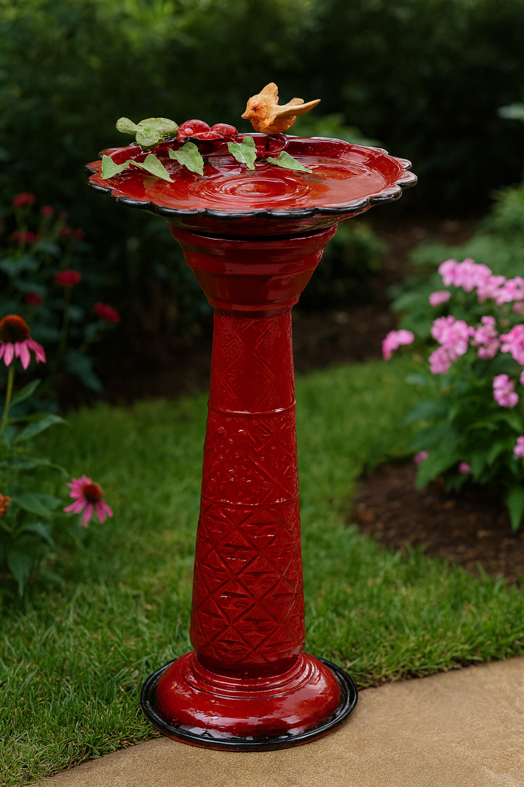 Scarlet Bloom Metal Birdbath