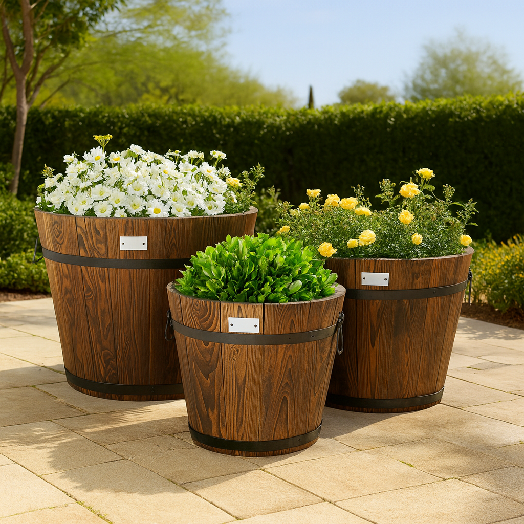 Harvest Oak Barrel Planter Trio