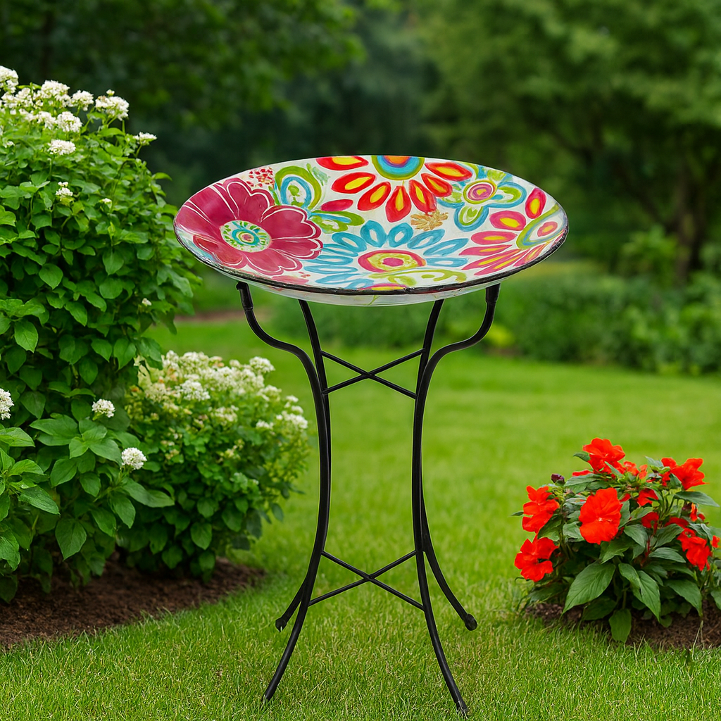 Aurora Petal Hand-Painted Glass Birdbath