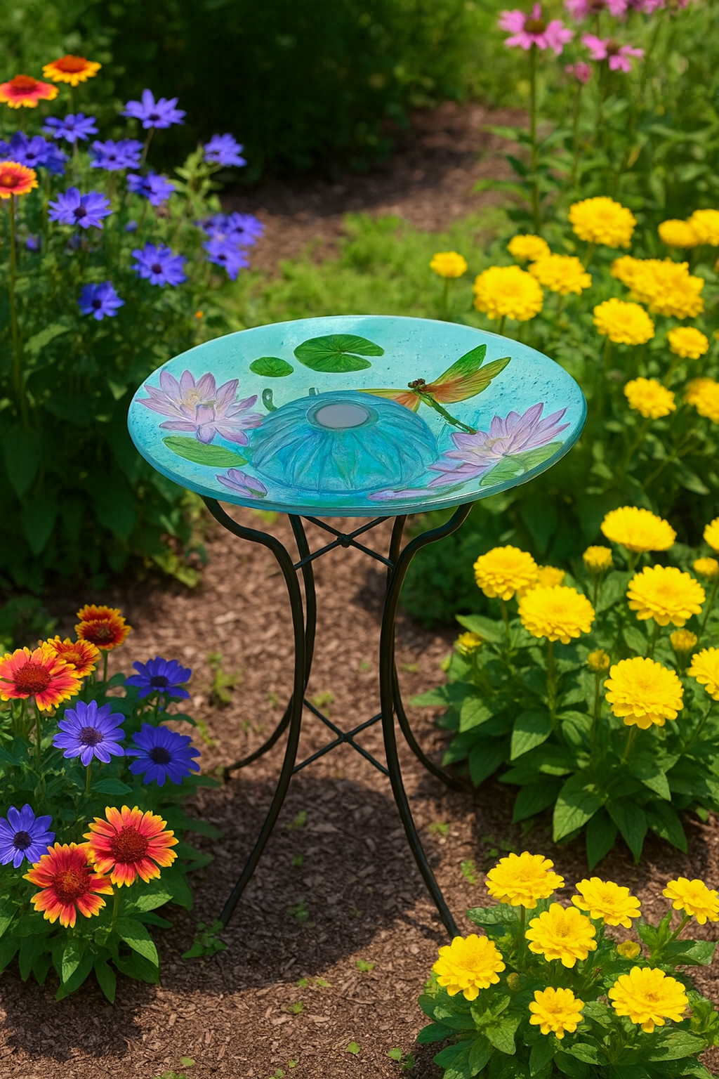 Solstice Glow Dragonfly Glass Birdbath