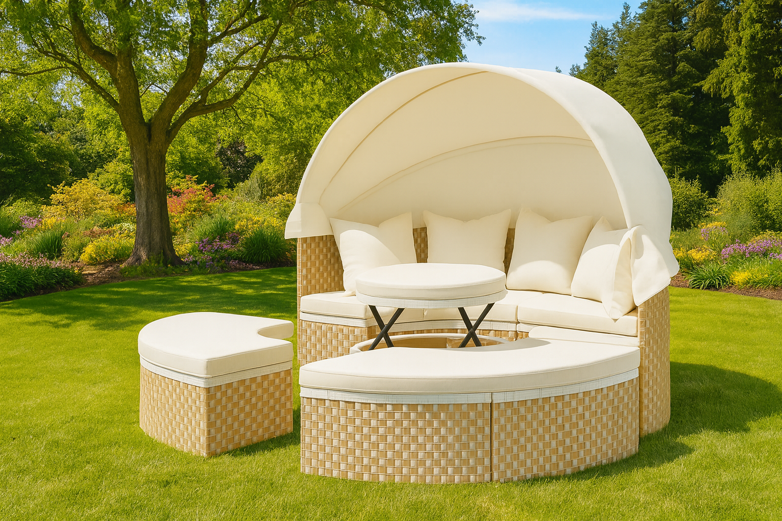 All-Weather Round Sectional Daybed with Retractable Canopy