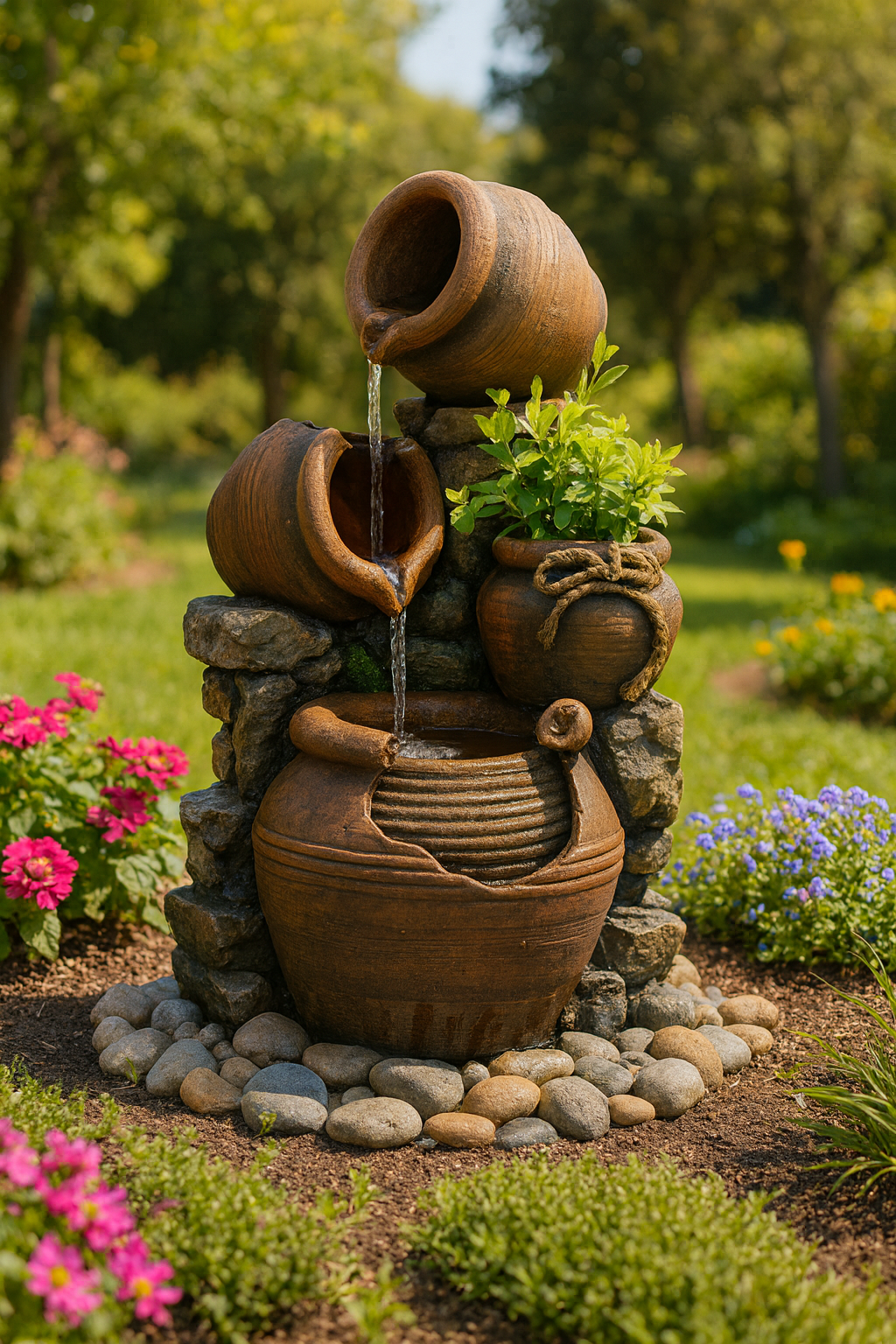 Pouring Pots Water Fountain with Integrated Planter