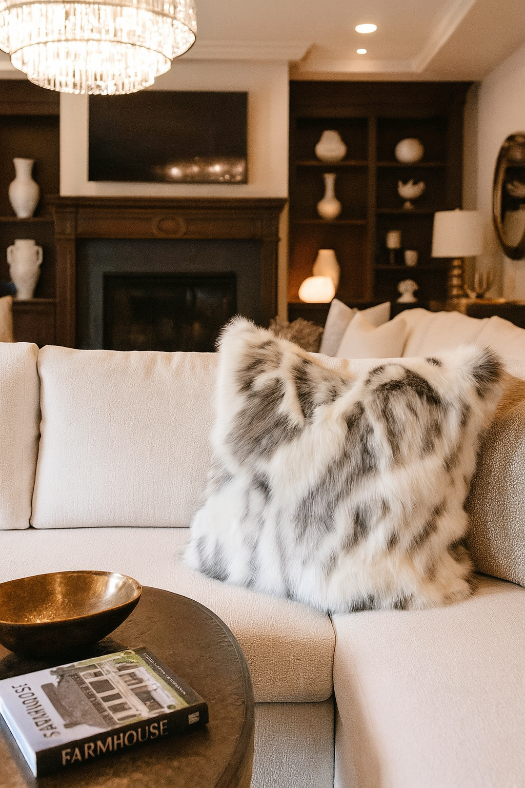 Ivory and Gray Faux Rabbit Fur Luxury Throw Pillow