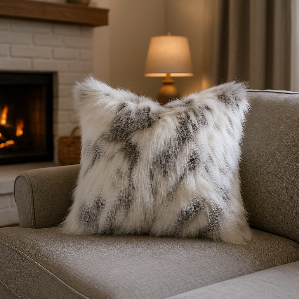 Ivory and Gray Faux Rabbit Fur Luxury Throw Pillow