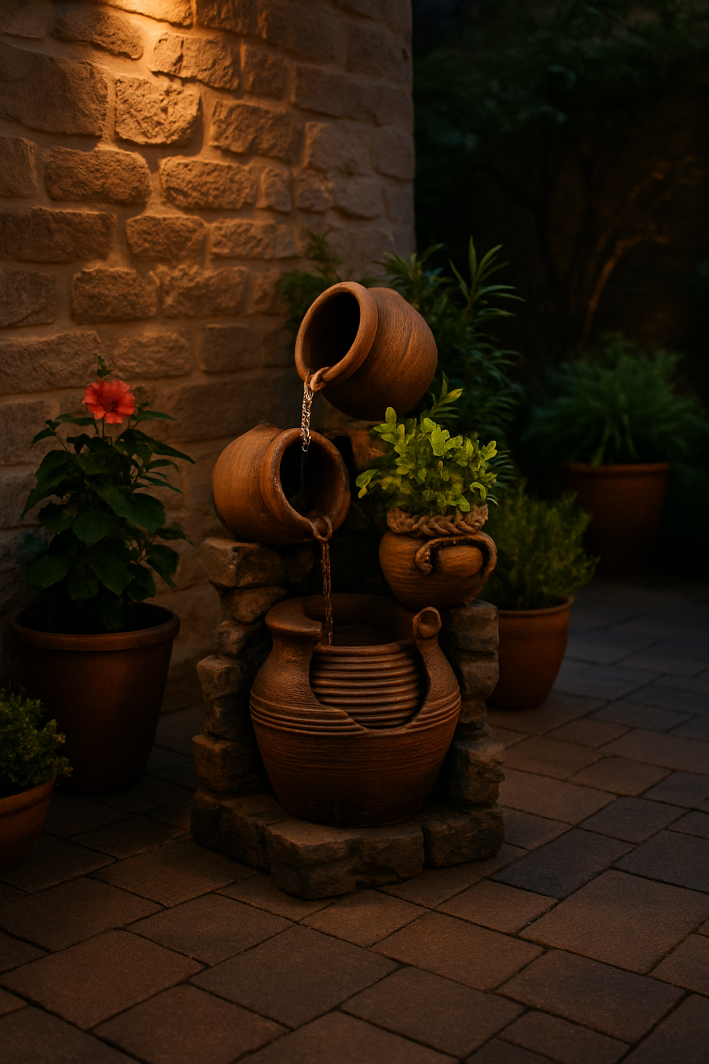 Pouring Pots Water Fountain with Integrated Planter