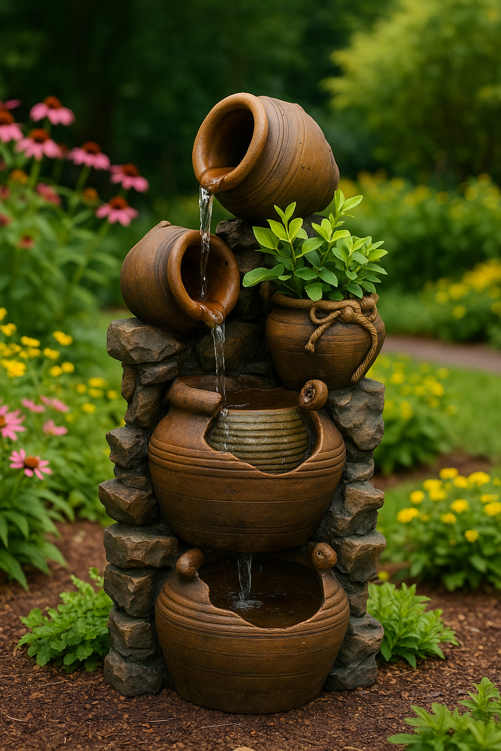 Pouring Pots Water Fountain with Integrated Planter