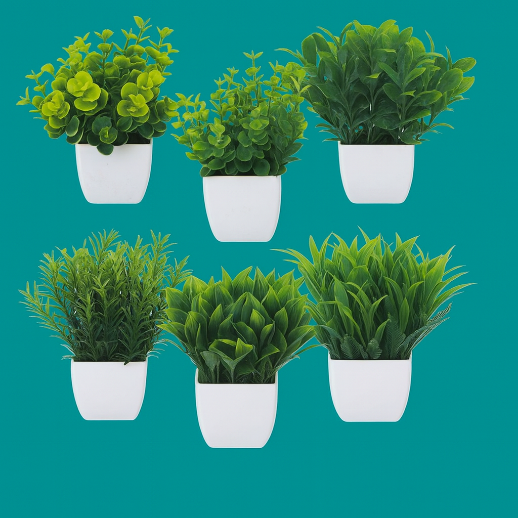 Evergreen Miniature Botanical Set – Artificial Potted Plants (Set of 6)