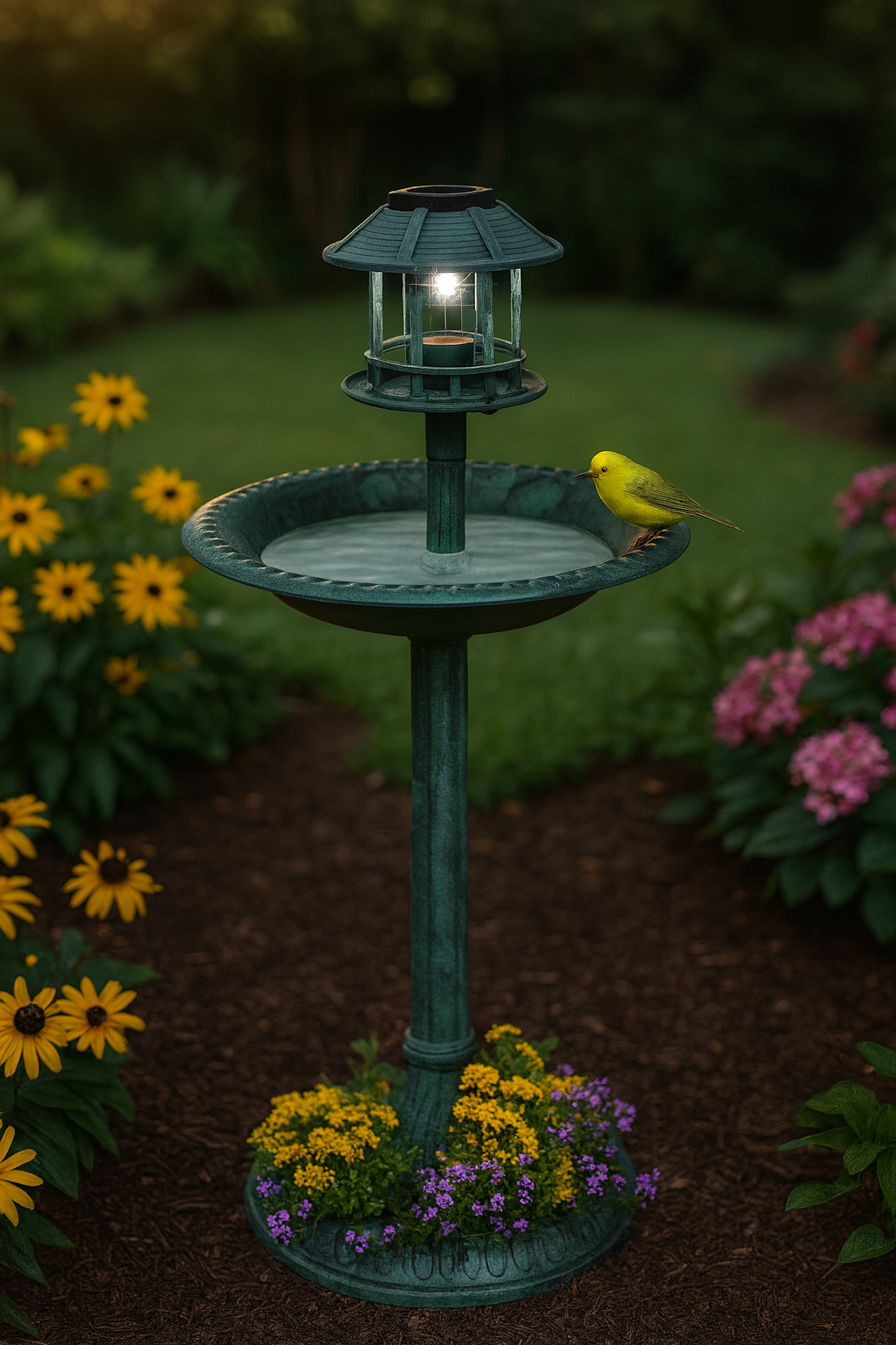 Solar-Lit Birdbath with Fleur-de-Lis Accents