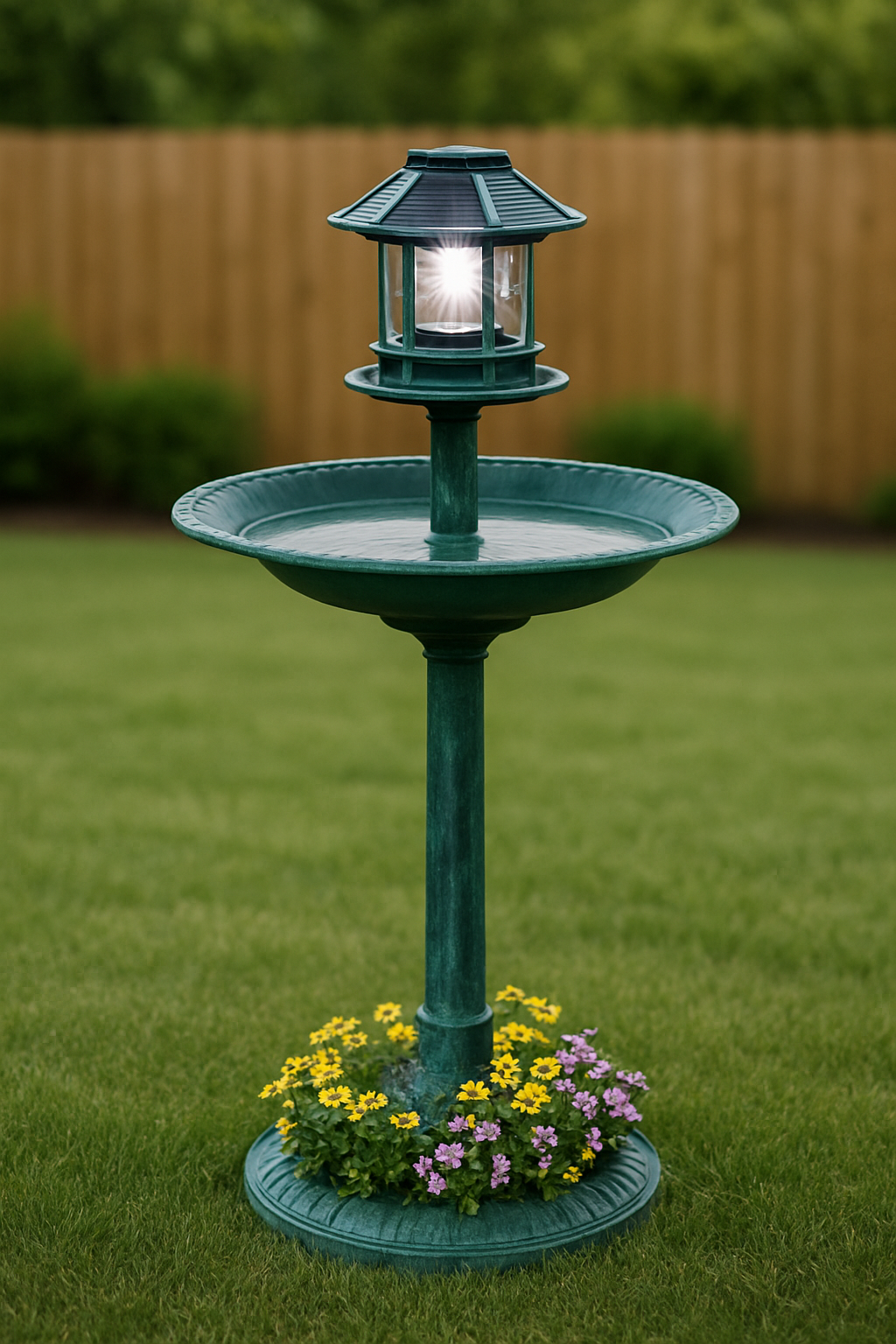 Solar-Lit Birdbath with Fleur-de-Lis Accents