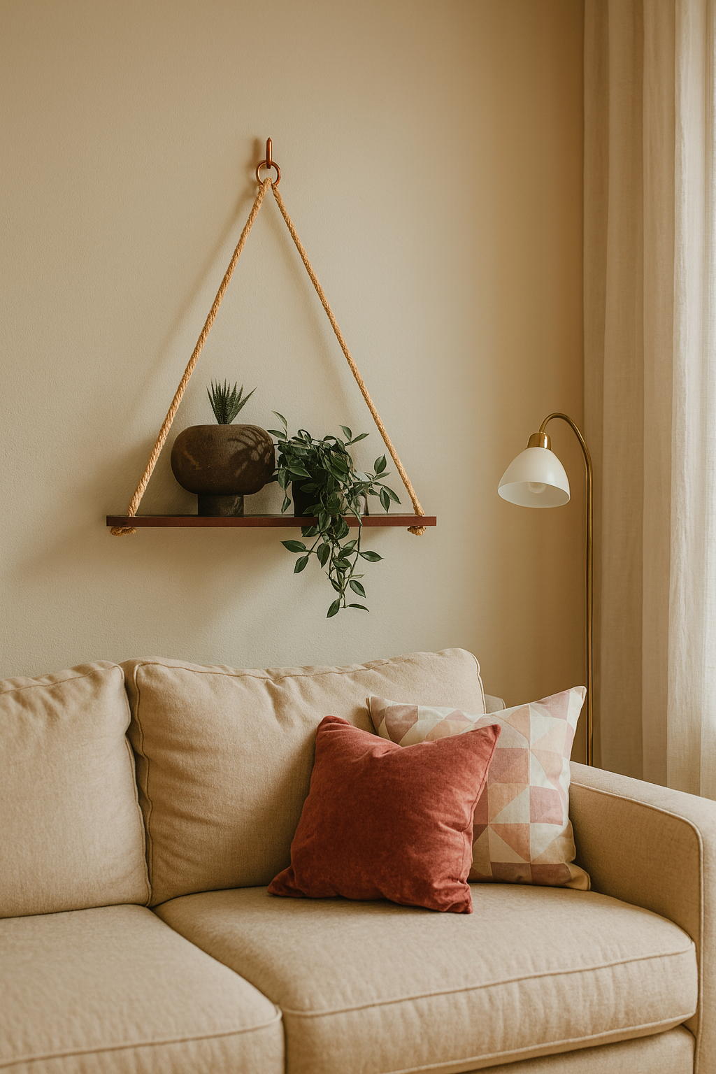 Rustic Adjustable Rope Hanging Wooden Wall Shelf – Handcrafted Natural Wood Display