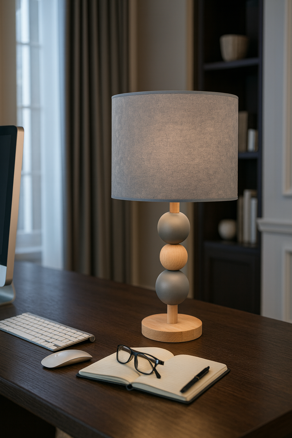 Warm Glow Luxe Table Lamp – Grey Wood Base & Gold-Lined Shade