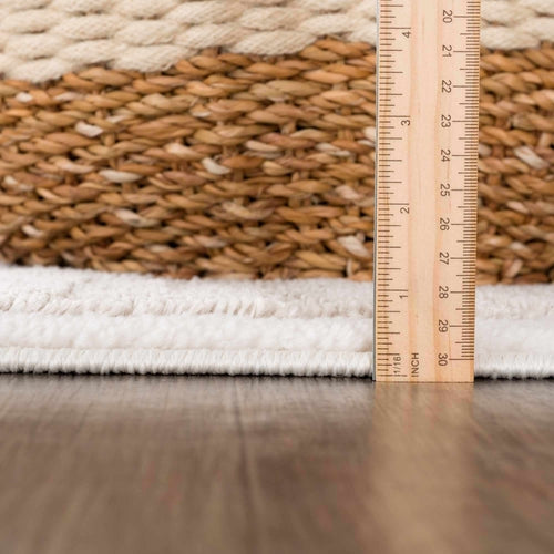 Cream and White High-Low Textured Shag Rug with Fringe