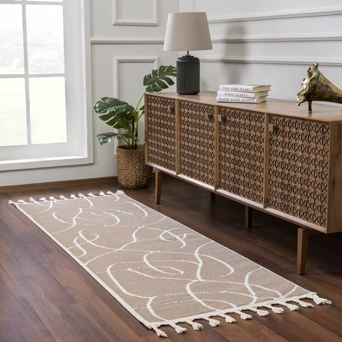 Cream and White High-Low Textured Shag Rug with Fringe
