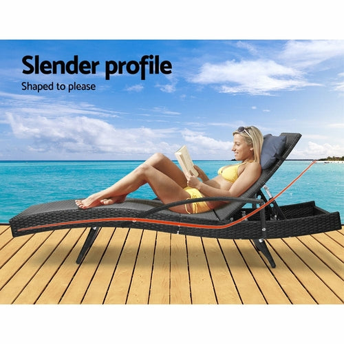 Set of 2 Outdoor Sun Loungers – Wicker Rattan Reclining Chairs with Cushions