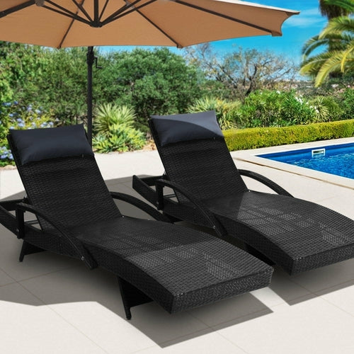 Set of 2 Outdoor Sun Loungers – Wicker Rattan Reclining Chairs with Cushions