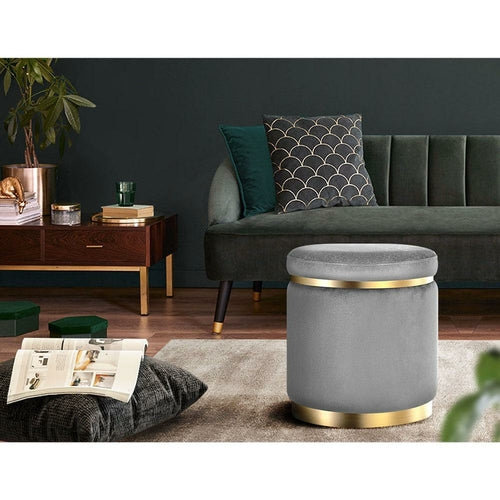 Velour Round Pouf Ottoman in Charcoal