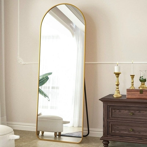Gold Full-Length Rounded Mirror – Leaning or Wall Hanging Aluminum Frame Mirror