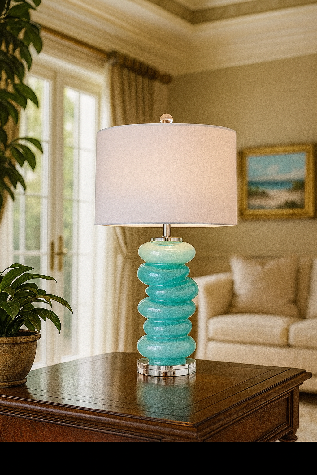 Aqua Glass Stacked Pebble Table Lamp with Crystal Base