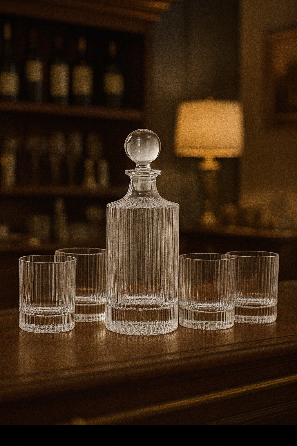Embossed Glass Decanter and Old-Fashioned Tumbler Set – Five-Piece Collection