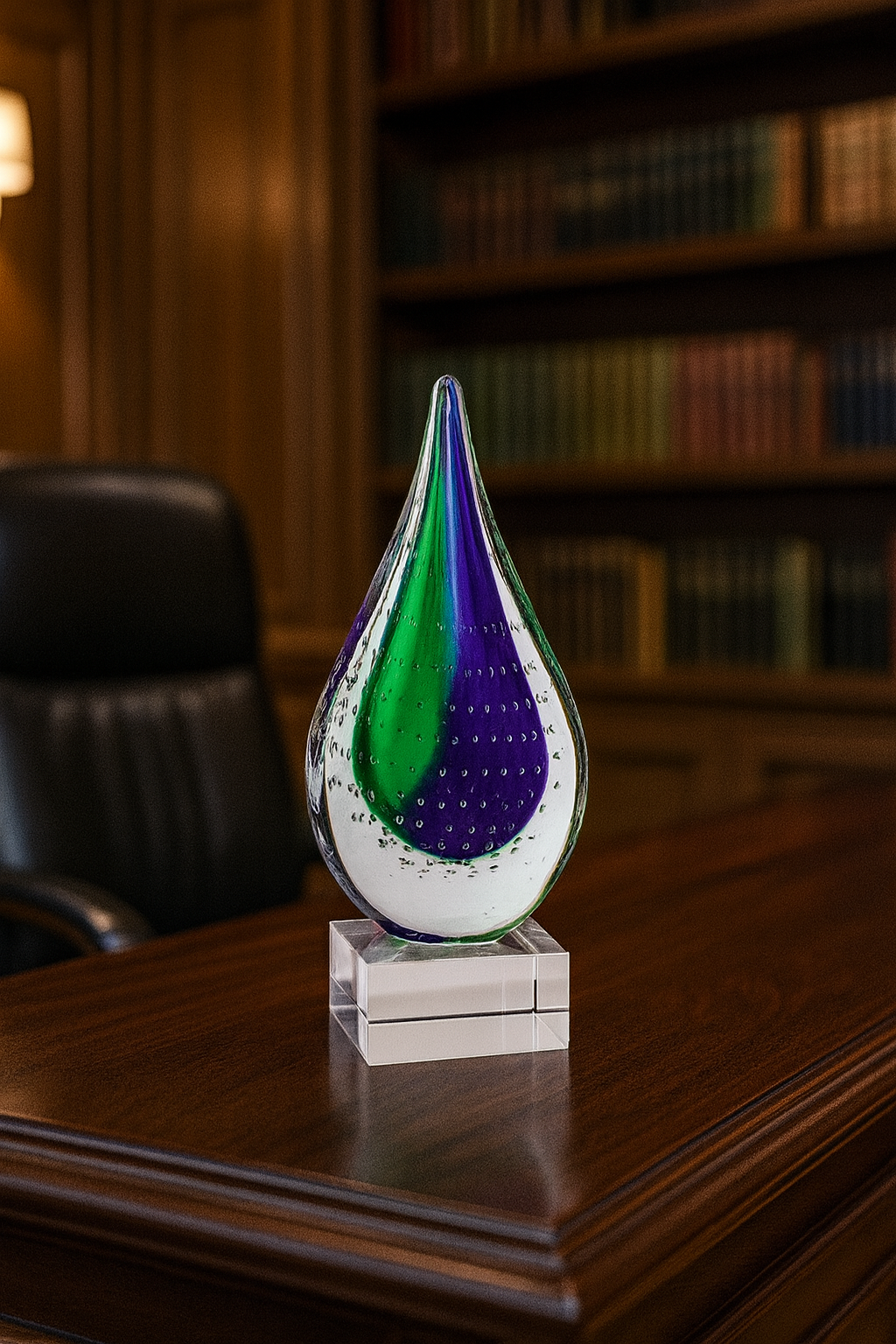 Mouth-Blown Teardrop Crystal Centerpiece on Polished Base – 12" Art Glass Sculpture