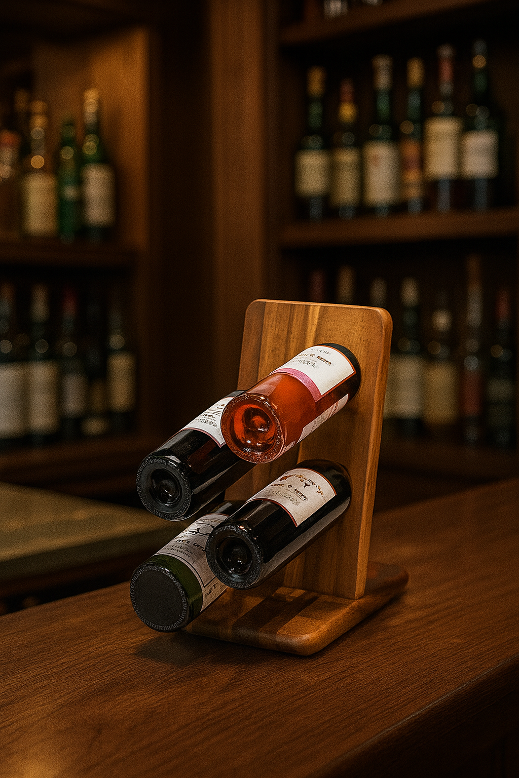 Floating Acacia Wood Wine Bottle Holder – 4-Bottle Vertical Display
