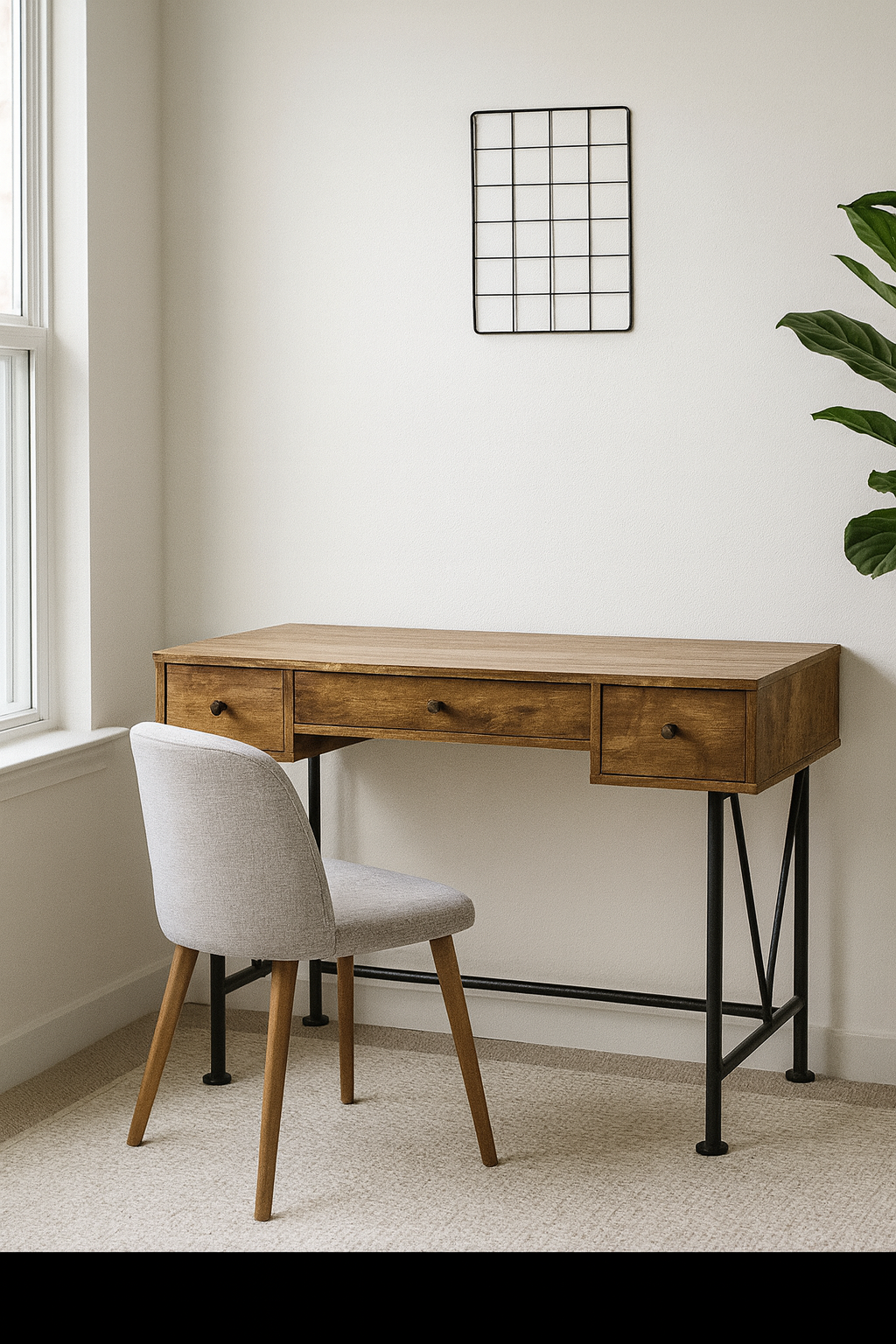 Farmhouse Rustic 3-Drawer Writing Desk – Antique Wood Finish with Black Metal Base