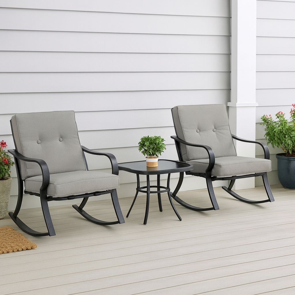 Outdoor 3-Piece Patio Furniture Table Rocking Chairs Set with Grey